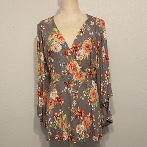 Torrid Gray Floral Super Soft Knits Faux Wrap Chic Romantic Blouse Size 0